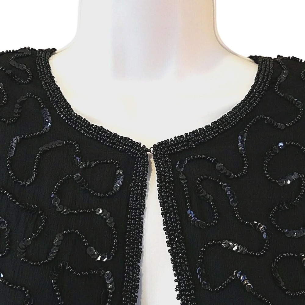 Valerie Stevens Black Beaded Sequin Silk Jacket 6 Art Deco Formal Evening Wear - Picture 5 of 9